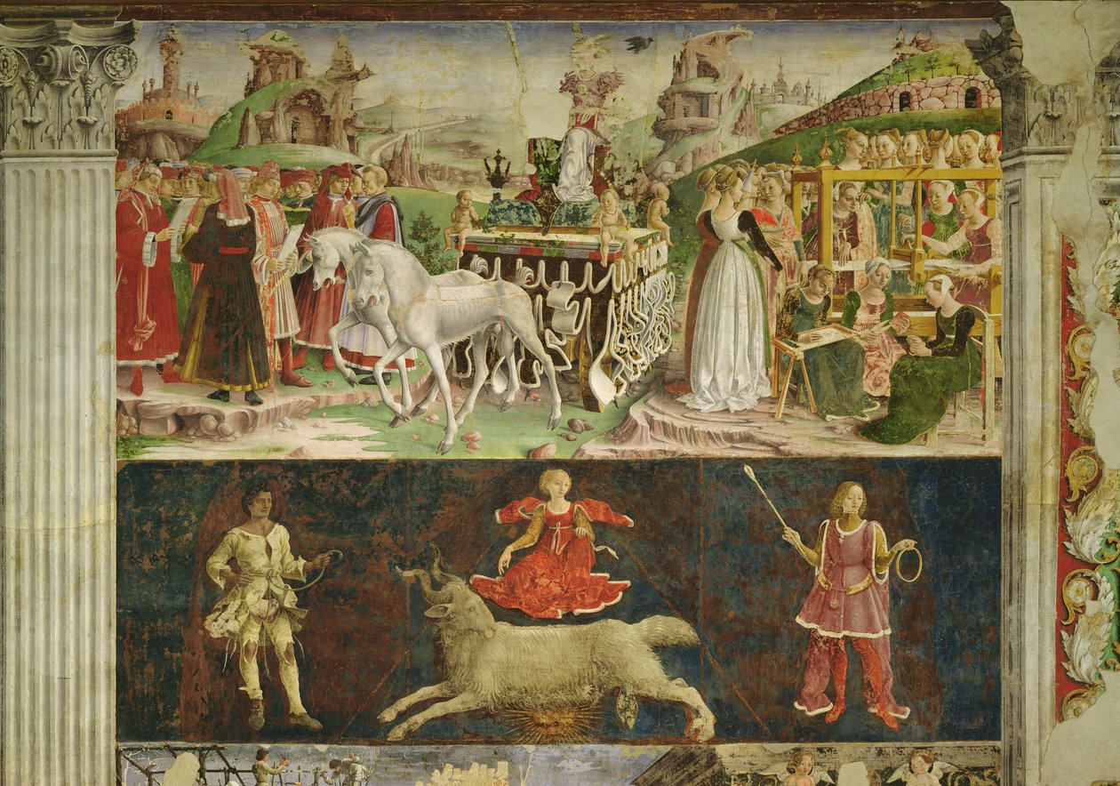 Alegoría de marzo: Triunfo de Minerva y el símbolo astrológico de Aries de Francesco del Cossa
