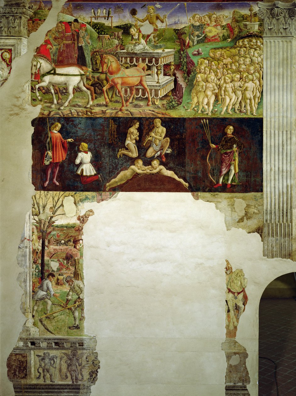 Alegoría de mayo: símbolos astrológicos de Géminis y triunfo de Apolo, por Francesco del Cossa, 1469 - 1470, siglo XV de Francesco del Cossa