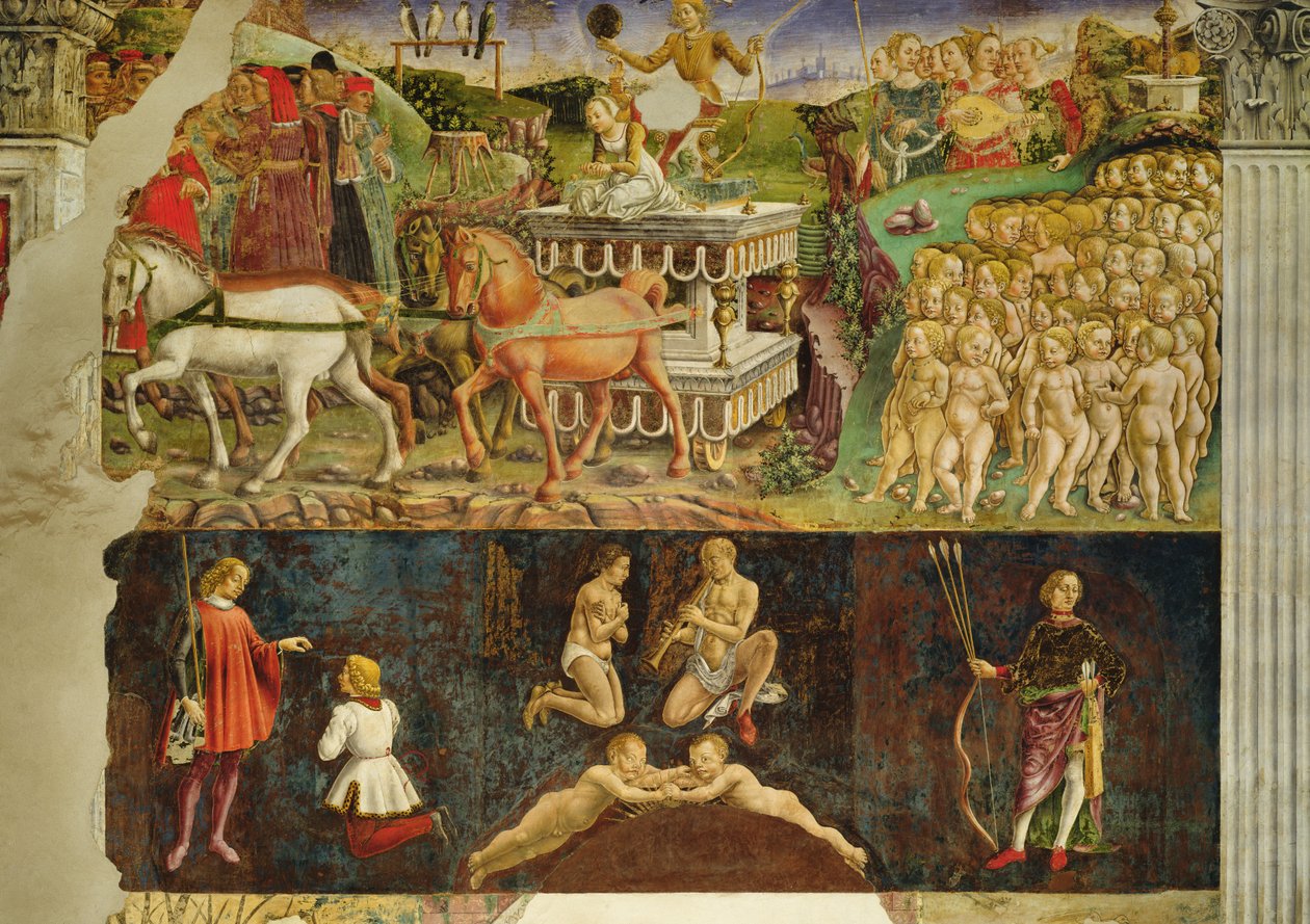 Alegoría de mayo: el triunfo de Apolo, símbolos astrológicos de Géminis, 1469-70 de Francesco del Cossa
