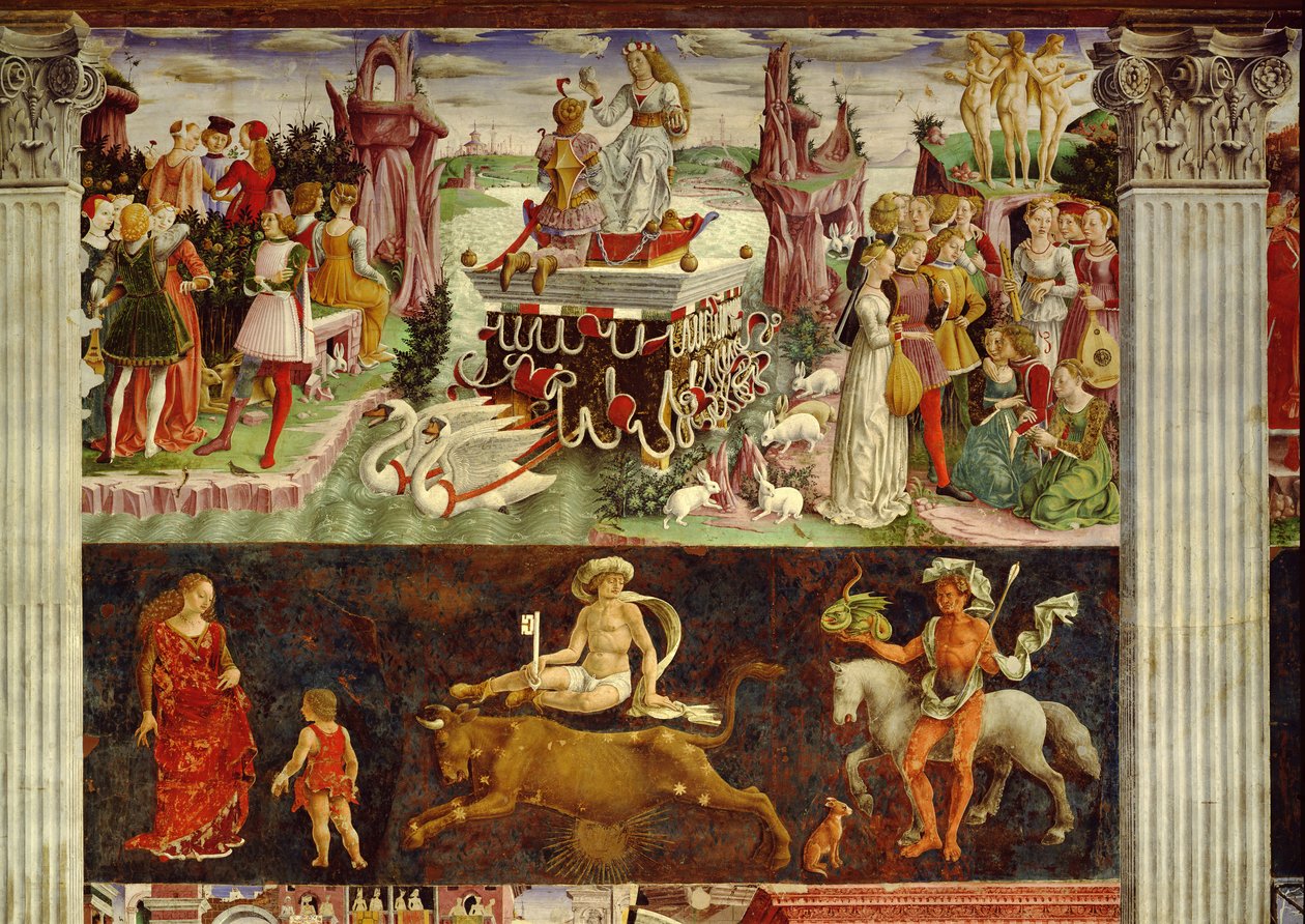 Triunfo de Venus y Signo de Tauro, escenas del Mes de Abril, ca 1470, por Francesco del Cossa (ca 1435-1477), fresco, pared este, Sala de los Meses, Palazzo Schifanoia (Palacio de la Alegría), Ferrara, Emilia-Romaña de Francesco del Cossa