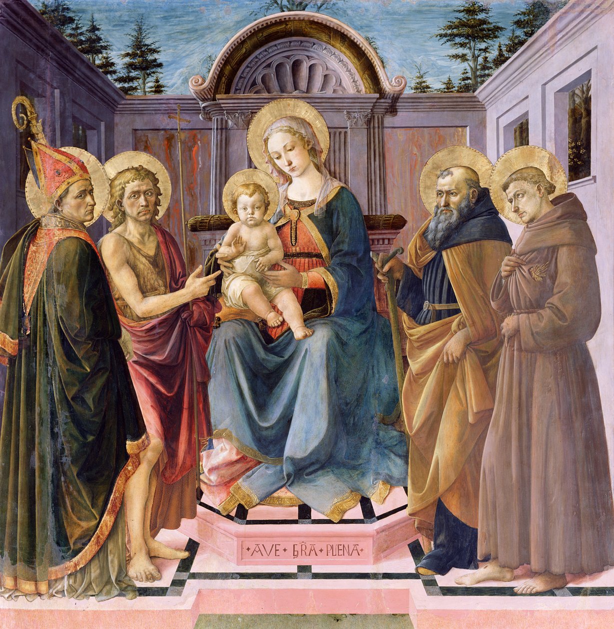 Madonna y Niño en el Trono con (Izq a Der) SS. Zenobio, Juan el Bautista, Antonio Abad y Francisco de Francesco di Stefano Pesellino