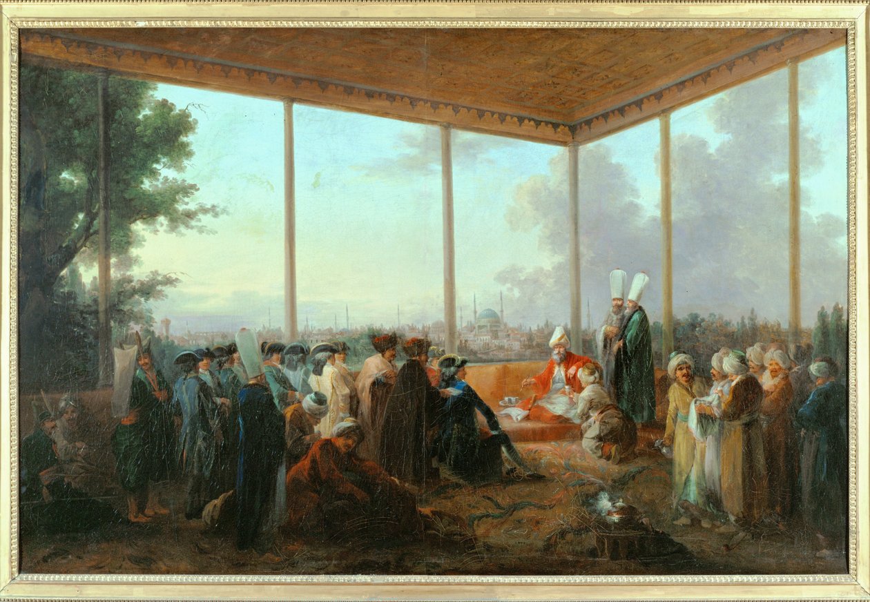 Audiencia concedida al Conde de Saint-Priest por el Gran Visir Aimali Carac, el 18 de marzo ... (pintura sobre lienzo) de Francesco (after) Casanova