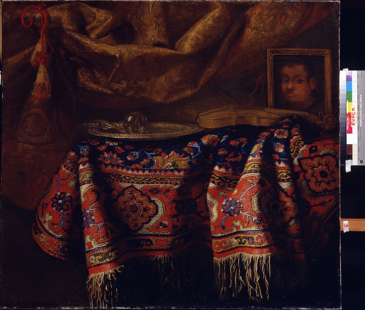 Bodegón con autorretrato. (Bodegón con autorretrato). Pintura de Francesco Fieravino (entre 1610 y 1660). Arte italiano, estilo barroco. Galería de Arte Regional A. Deineka, Kursk, Rusia de Francesco (b.1640) Fieravino