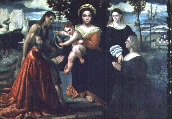 Madonna y el Niño entronizados con santos y donantes de Francesco Torbido