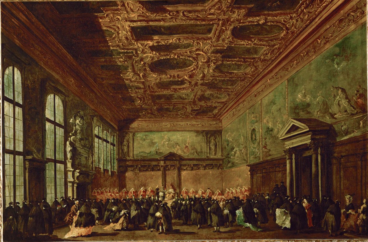 La salle du college au palais des Doges a Venise - La sala del consejo en el palacio de los Doges, Venecia ... de Francesco (circle of) Guardi