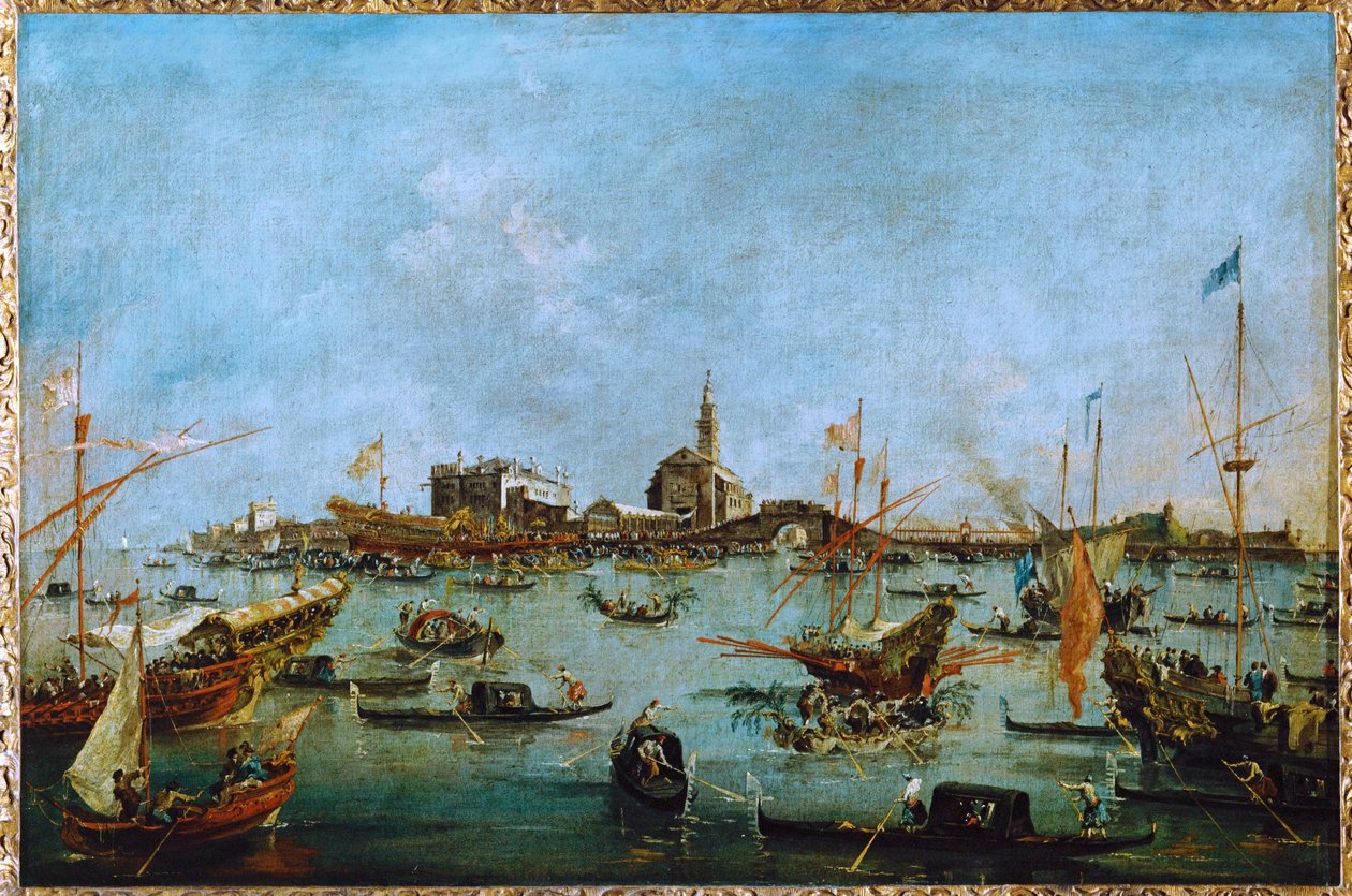 El Dux, en su góndola dorada, el Bucintoro, pasa por San Niccolo del Lido... de Francesco (circle of) Guardi