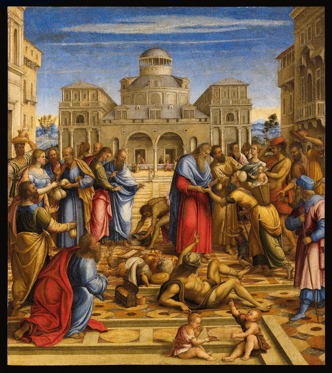San Juan Capellán (Juan V de Alejandría o Juan de Chipre) (556-619), patriarca ortodoxo de Alejandría, distribuyendo dinero a los pobres en las calles de la ciudad - Juan el Misericordioso en Alejandría - Pintura de Francesco di Bernardo de Vecchi santacr de Francesco (fl.1508 45) Rizzi da Santacroce