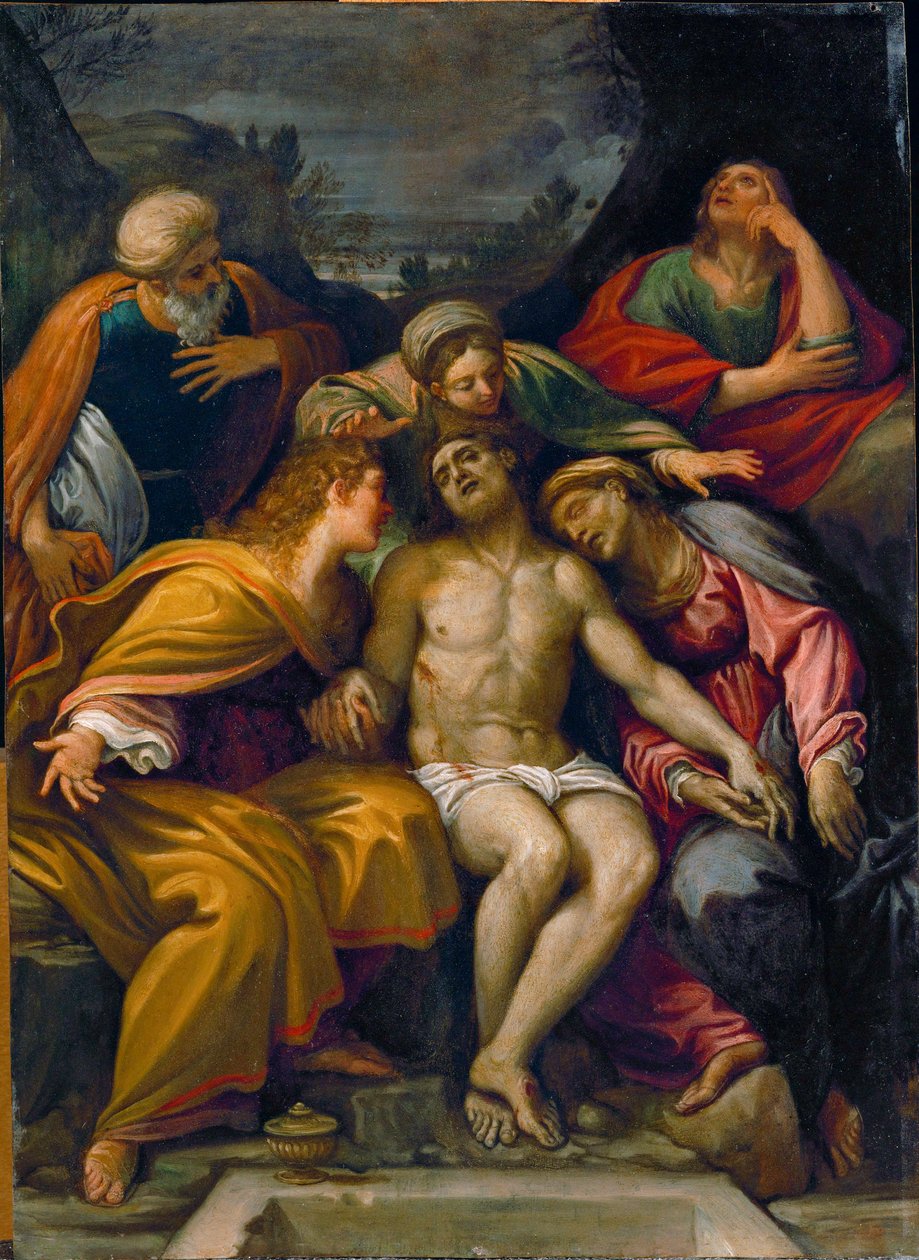 Deploración, con San Juan apóstol, Santa Magdalena, María Salomé, José de Arimatea y Santa María ... de Francesco Albani