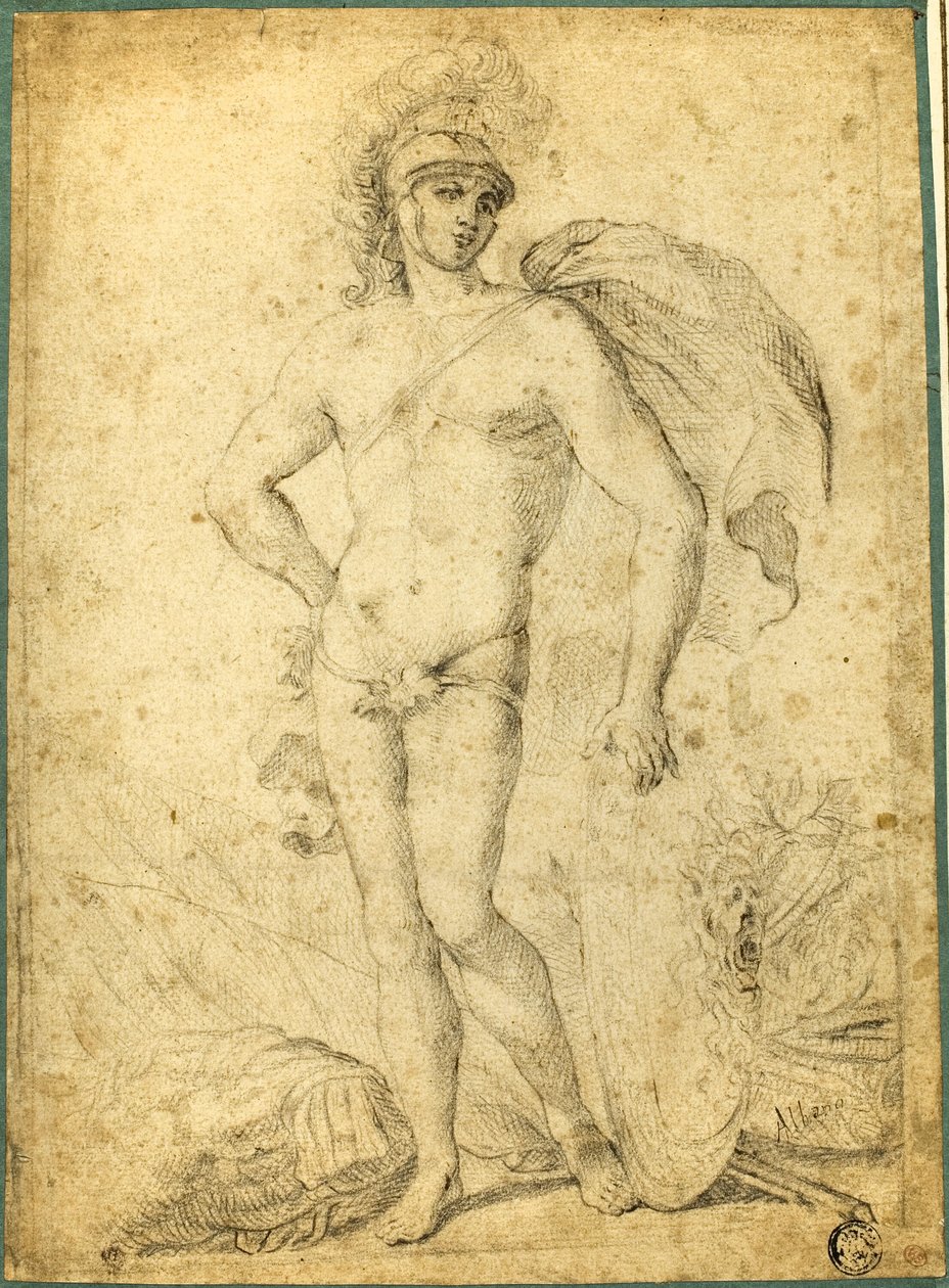 Guerrero desnudo de pie, posiblemente Marte, con escudo de Francesco Albani