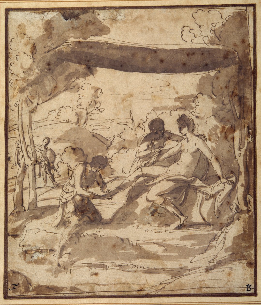 Venus, reclinada bajo un dosel rústico, con Adonis abrochándole la sandalia de Francesco Albani