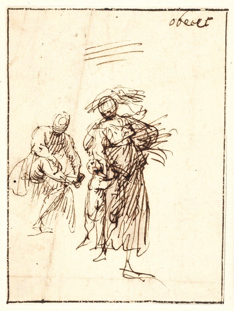 Boceto de mujer caminando con un niño a su lado y una figura sentada detrás de Francesco Allegrini
