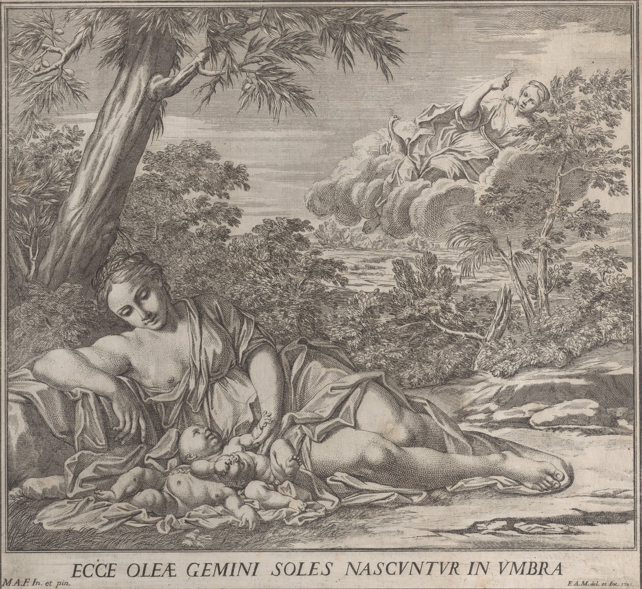 Latona y sus gemelos dormidos, Apolo y Diana, en un paisaje de Francesco Antonio Meloni