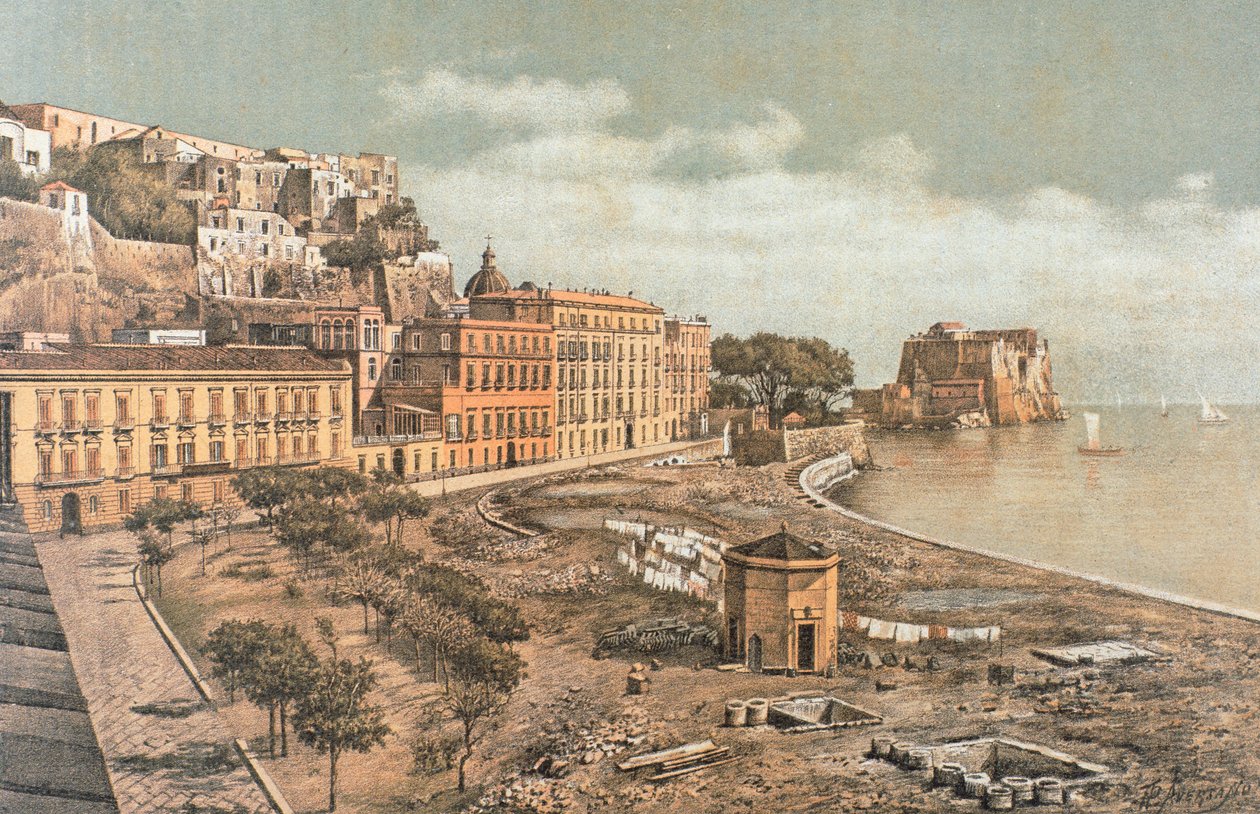La calle Chiatamone, en Nápoles, ilustración del Nápoles antiguo, por Raffaela D