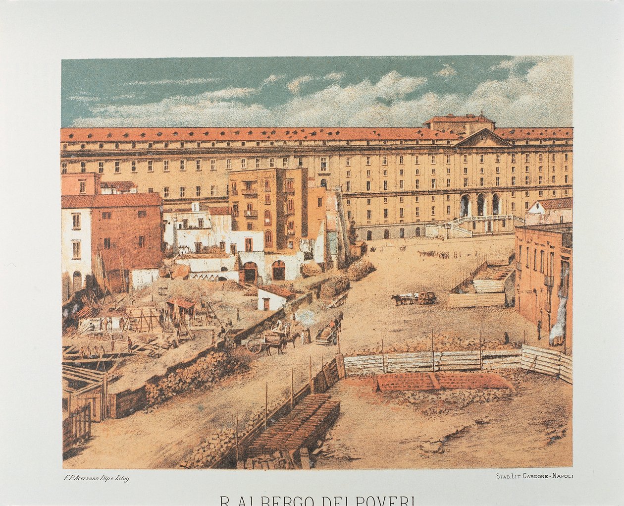 Italia, Nápoles, Albergo dei Poveri (Hospicio de los pobres) 1889 (litografía) de Francesco Aversano