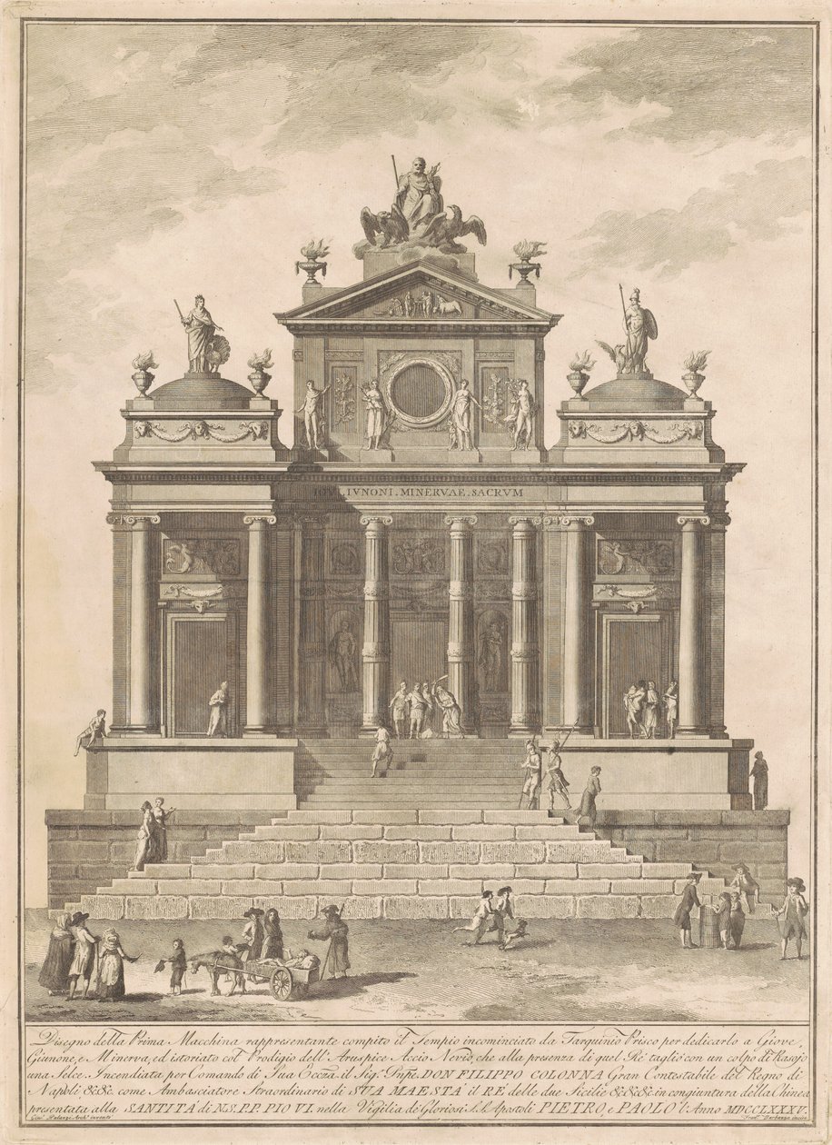 La Prima Macchina para la Chinea de 1785: El Templo de Júpiter iniciado por Tarquinius Priscus con la maravilla de Accius Naevius de Francesco Barbazza, after Giuseppe Palazzi
