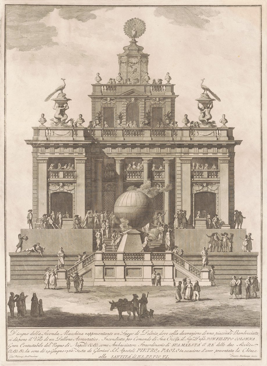 La segunda máquina para la Chinea de 1785: Un palacio de placer con un globo aerostático de Francesco Barbazza, after Giuseppe Palazzi