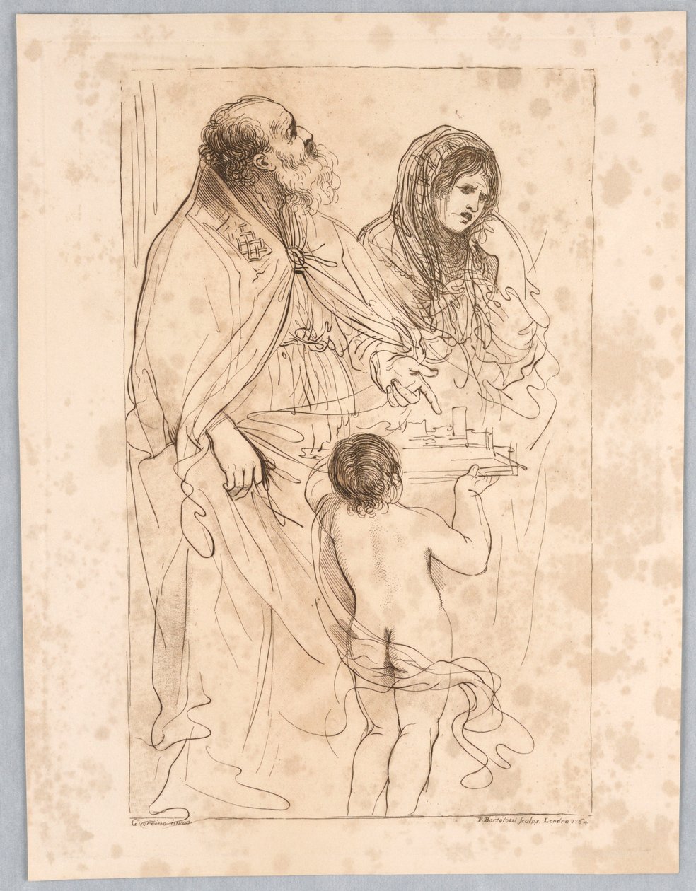 Un obispo santo señalando un modelo de ciudad, con otras figuras, después de un dibujo de Guercino de Francesco Bartolozzi