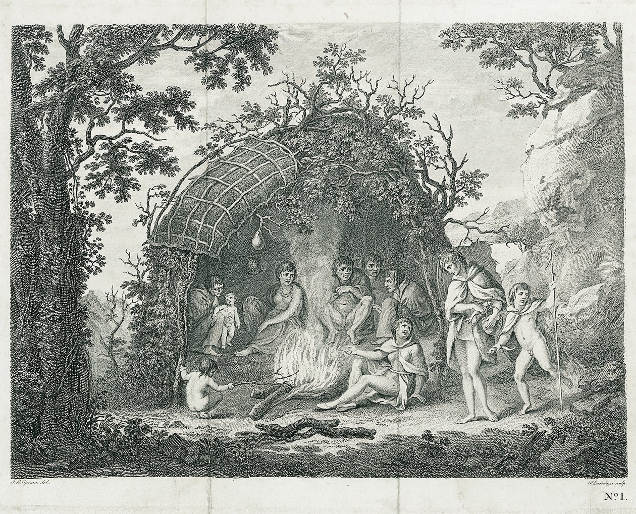 Vista de los indios de Terra del Fuego en su choza (sin título) de Francesco Bartolozzi