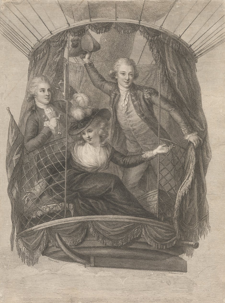 Ascensión de Madame Sage, el Caballero Biggin y el Capitán Vincent Lunardi en globo, 20 de junio de 1785 de Francesco Bartolozzi
