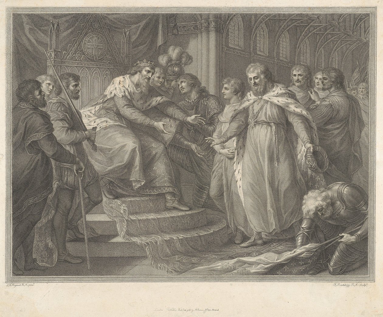 Eduardo, príncipe de Gales, presenta a su padre Eduardo III al rey cautivo Juan de Francia y a sus hijos después de la batalla de Poitiers de Francesco Bartolozzi