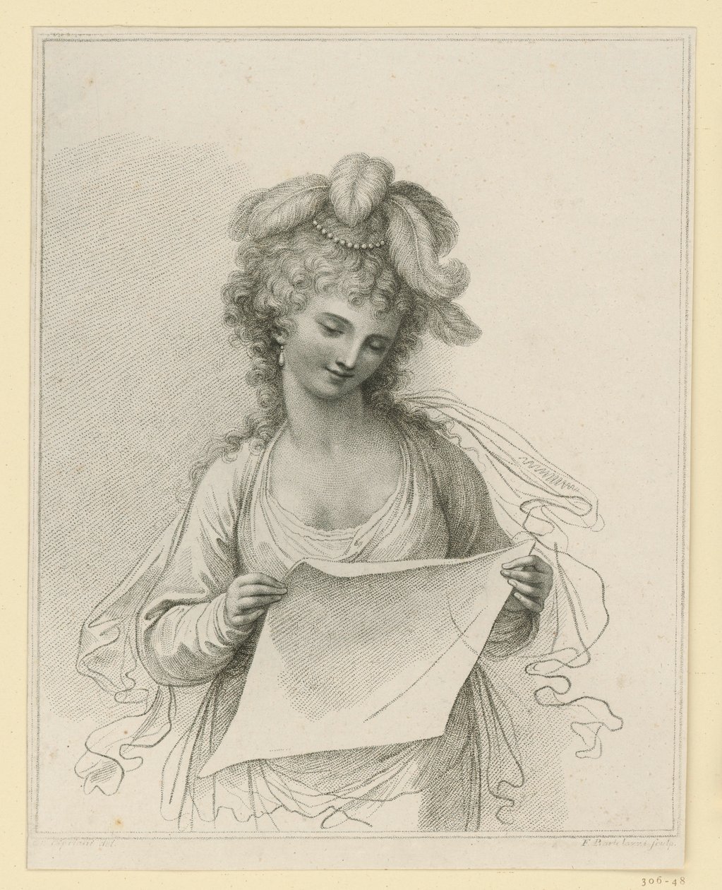 Mujer leyendo con un sombrero de plumas de Francesco Bartolozzi