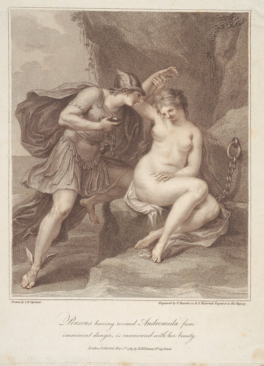 Perseo, tras rescatar a Andrómeda de un peligro inminente, queda enamorado de su belleza de Francesco Bartolozzi