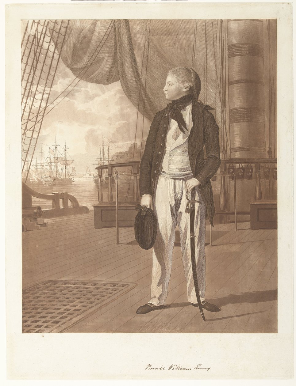 Retrato del Príncipe William Henry a bordo de un buque de guerra de la Marina Real Británica. de Francesco Bartolozzi