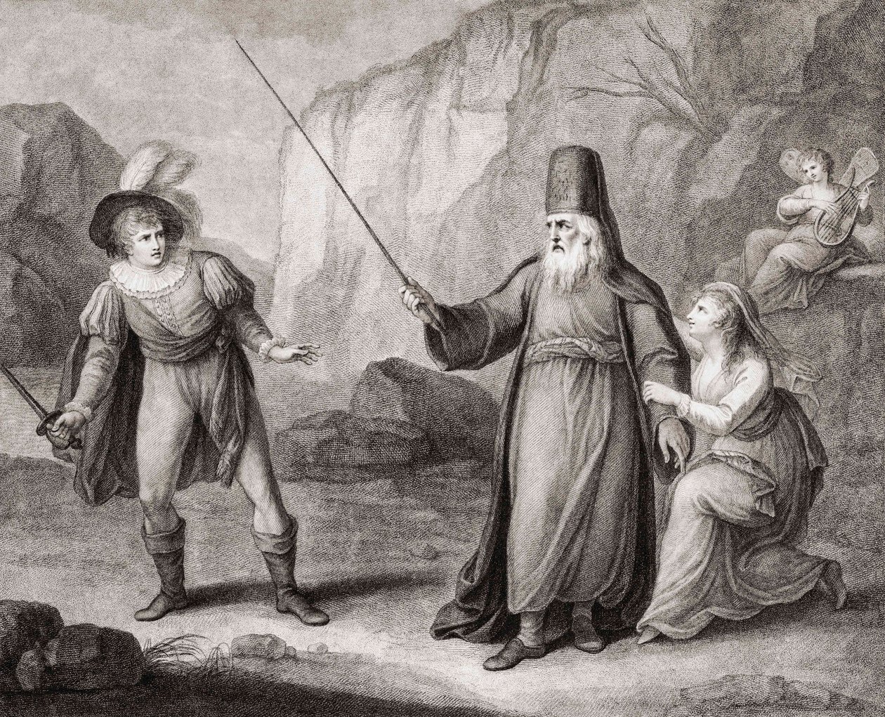 Próspero desarmando a Fernando. Shakespeare. La Tempestad (grabado) de Francesco Bartolozzi