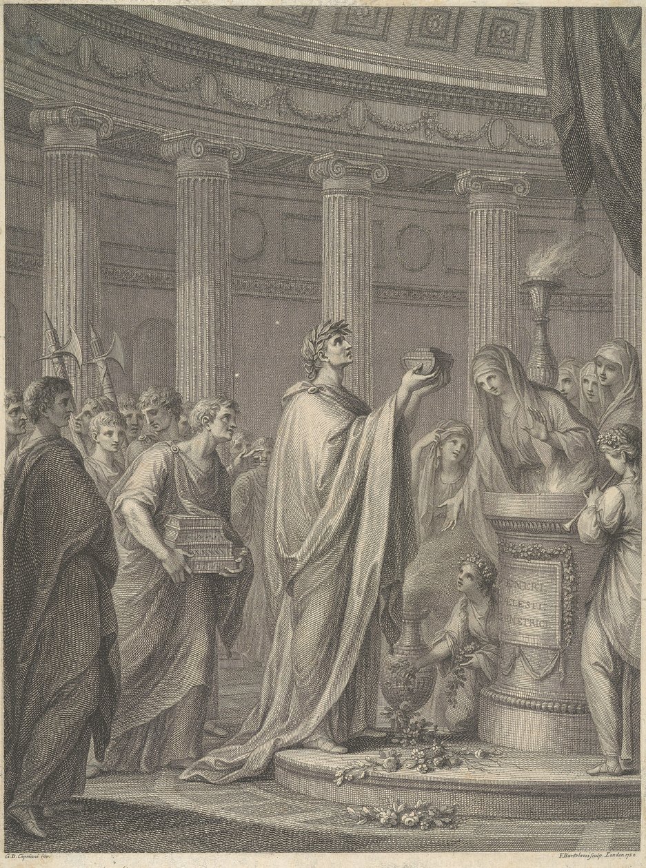 El general romano Julio César dedica el templo de Venus Genetrix en el Foro de César, Roma, 46 a. C. de Francesco Bartolozzi