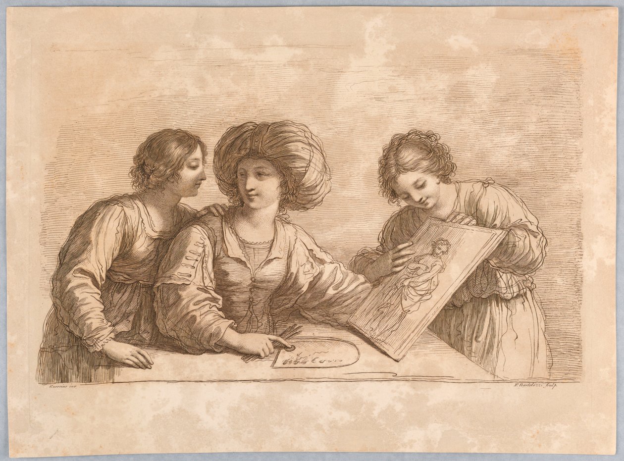 Tres mujeres con una paleta y boceto de un diseño de Francesco Bartolozzi