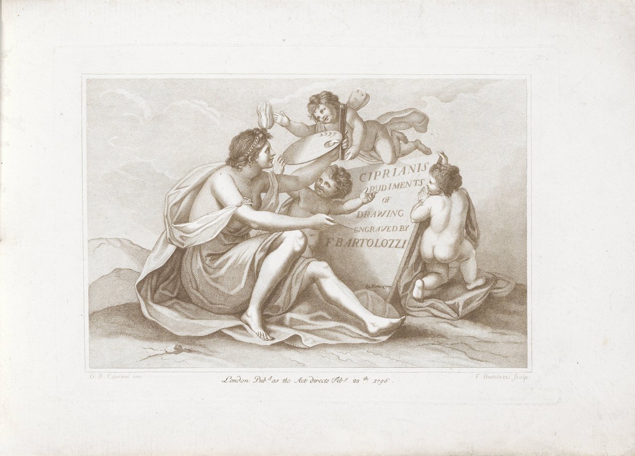 Impresión de título con personificación de pintura. Ciprianis principios de dibujo (título de la serie) Rudimentos de dibujo de Ciprianis (título de la serie sobre el objeto) de Francesco Bartolozzi