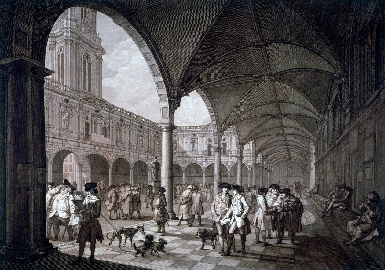 Vista del patio en el Royal Exchange con comerciantes y corredores, Ciudad de Londres, 1788 de Francesco Bartolozzi