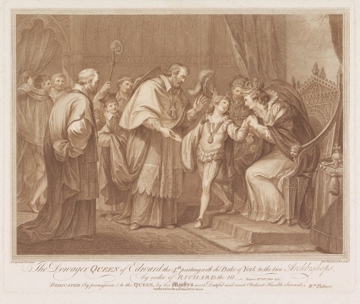 Weduwe van Edward IV staat haar zoon aan twee aartsbisschoppen af La reina viuda de Eduardo IV se separó del duque de York a los dos arzobispos, por orden de Ricardo III (título sobre el objeto) de Francesco Bartolozzi