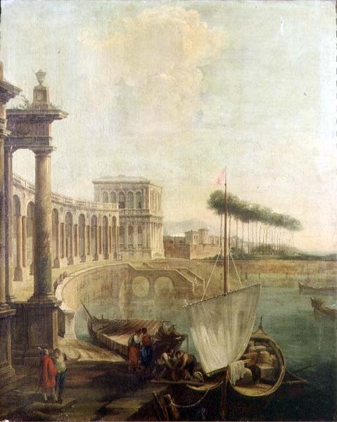 Un capricho, puerto con figuras cargando un ferry de Francesco Battaglioli
