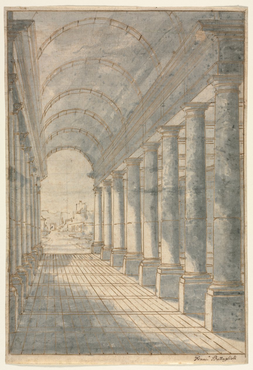 Arcada de bóveda de cañón representada en perspectiva de Francesco Battaglioli