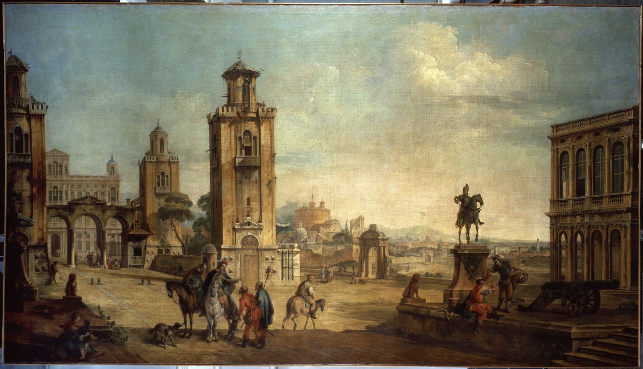""Escena de la calle en una ciudad, la gran plaza con monumentos"" (Vista de una ciudad) Pintura de Francesco Battaglioli (ec. venit.) (1722-1790) Museo del Hermitage del siglo XVIII, San Petersburgo de Francesco Battaglioli