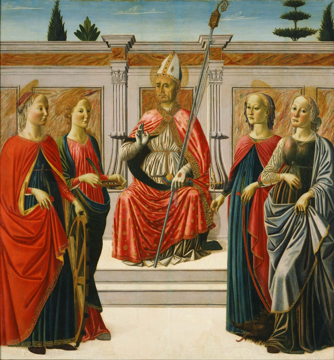 San Nicolás y las santas Catalina, Lucía, Margarita y Apolonia de Francesco Botticini