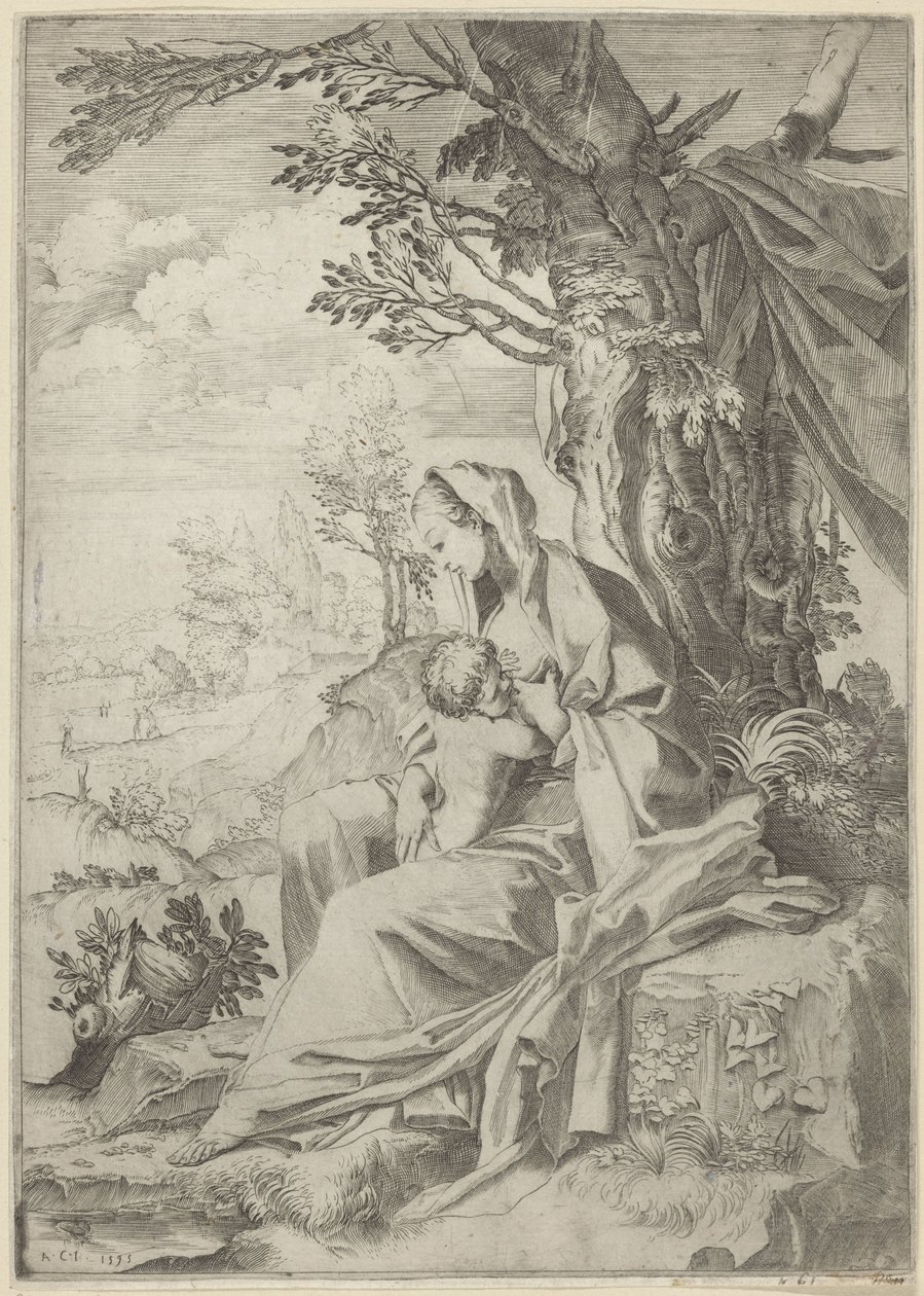 María amamantando al niño Jesús en un paisaje de Francesco Brizio