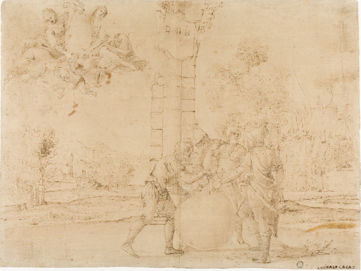 Octavio, Marco Antonio y Lépido dividiendo el Imperio Romano, con Bolonia al fondo de Francesco Brizio