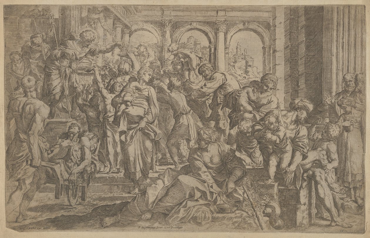 San Roque a la izquierda distribuyendo limosnas a un grupo de personas reunidas a su alrededor, ca. 1607 de Francesco Brizio