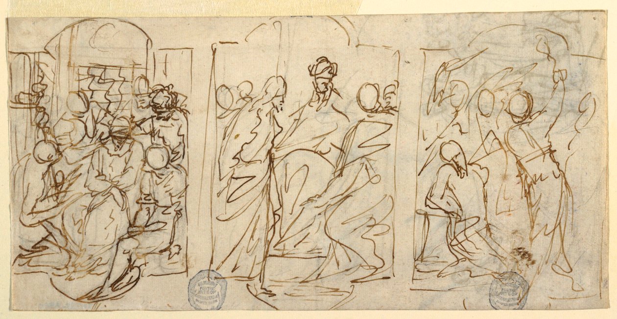Dibujo, Tres etapas de la Pasión: La burla, Cristo ante Pilatos, Flagelación, ca. 1848 de Francesco Coghetti