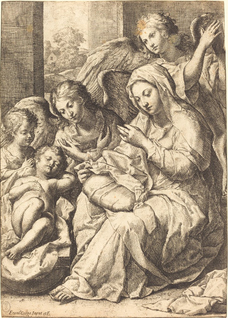 Virgen y ángeles velando al niño Jesús dormido de Francesco Cozza