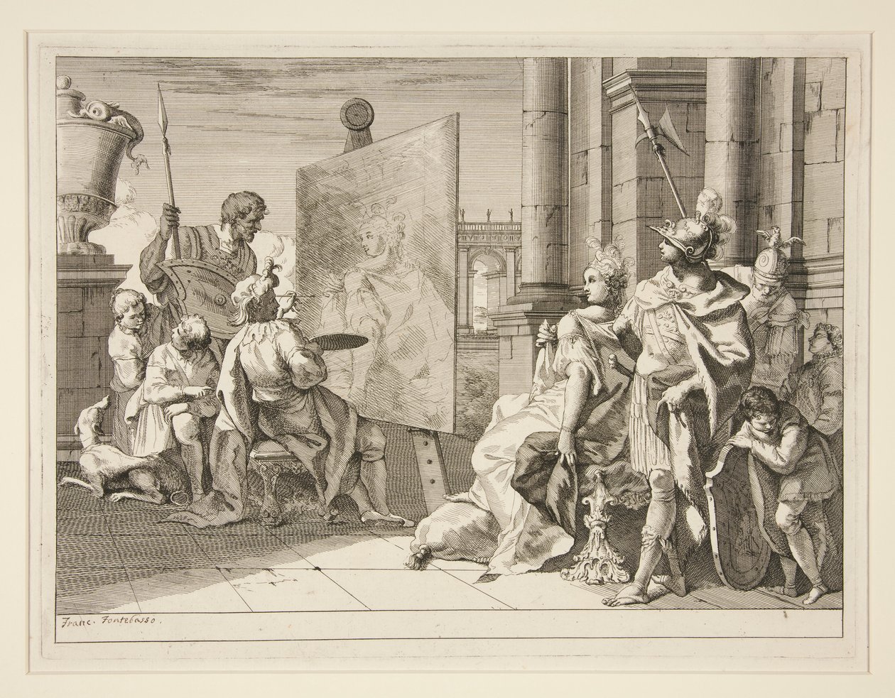 Apeles pintando a Campaspe, la amante de Alejandro Magno, uno de una serie de ocho grabados (Varii Baccanali et istorie de Francesco Fontebasso