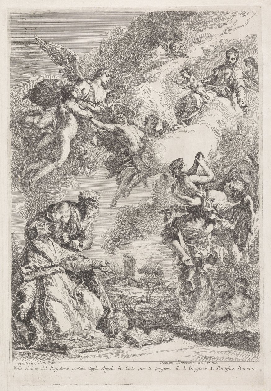San Gregorio Magno y San Jerónimo rezan por las almas del purgatorio Molte Anime del Purgatorio portate dagli Angeli in Cielo per le pregiere di S. Gregorio I. Pontefice Romano (título sobre objeto) de Francesco Fontebasso