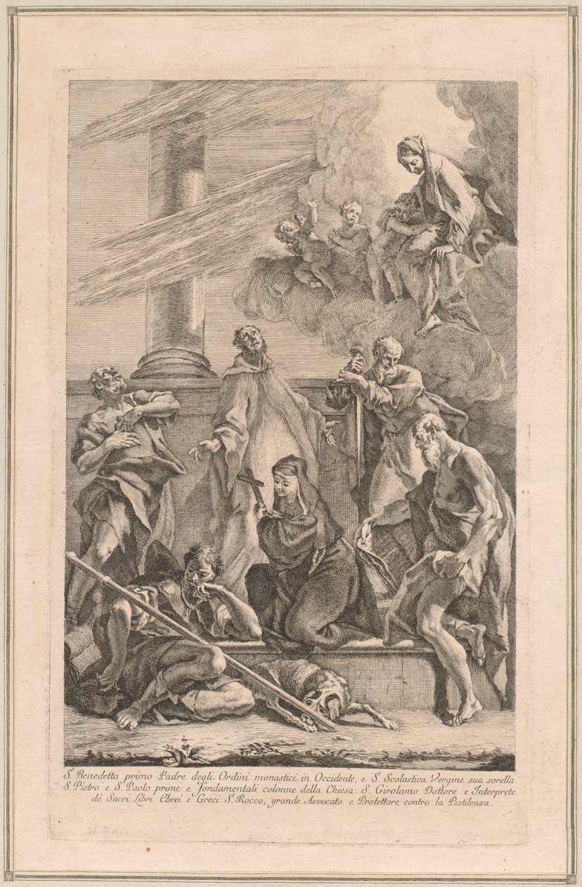 La Virgen y el Niño con Dos Ángeles y los Santos Escolástica, Benito, Roque, Pedro, Pablo y Jerónimo de Francesco Fontebasso after Sebastiano Ricci