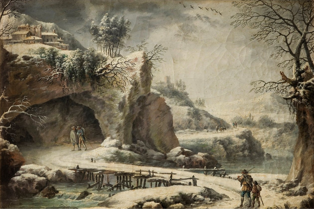 Un paisaje fluvial helado con figuras de Francesco Foschi