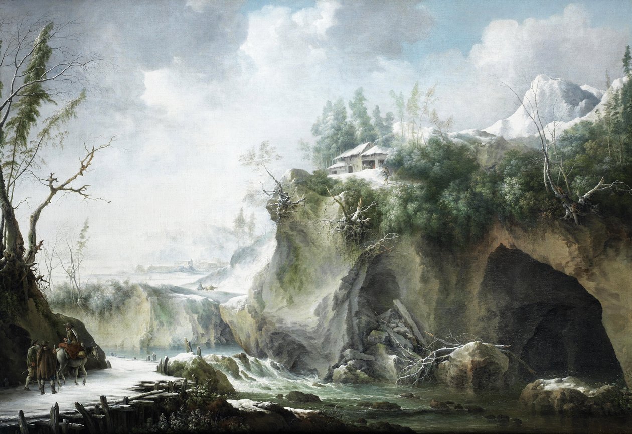 Un paisaje fluvial en invierno, con viajeros en un camino nevado de Francesco Foschi