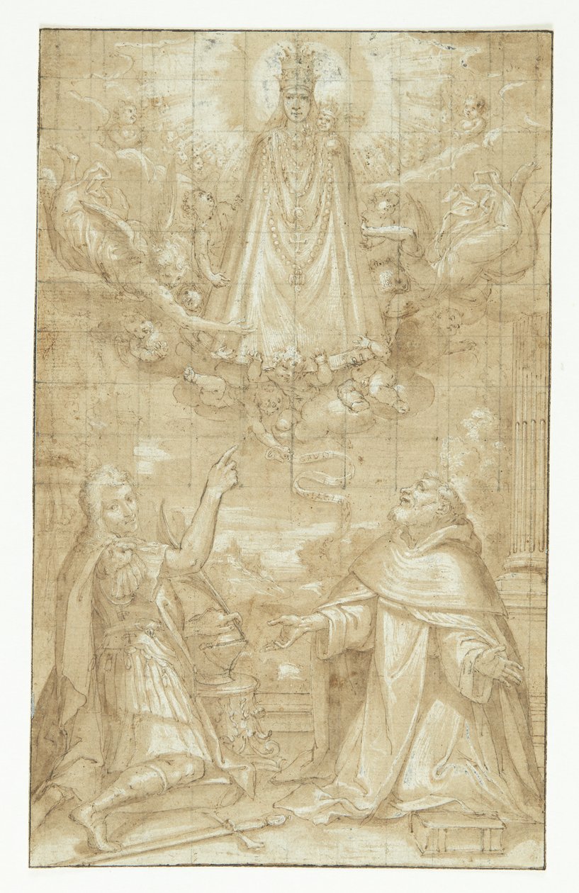 Una Madonna coronada con el niño, envuelta en una capa y pesadas cadenas, se aparece en las nubes, rodeada de ángeles y querubines, a dos santos arrodillados; uno es un soldado mártir, el otro un clérigo (¿Hyacintus?). Un ángel entrega un cinturón o un esc de Francesco Francia