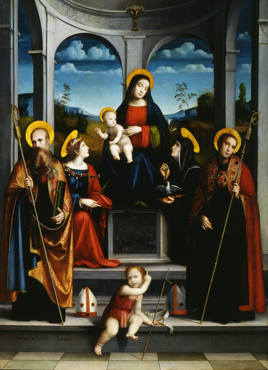 Virgen y Niño con los santos Benito, Justina, Plácido y Escolástica, ca 1515 de Francesco Francia