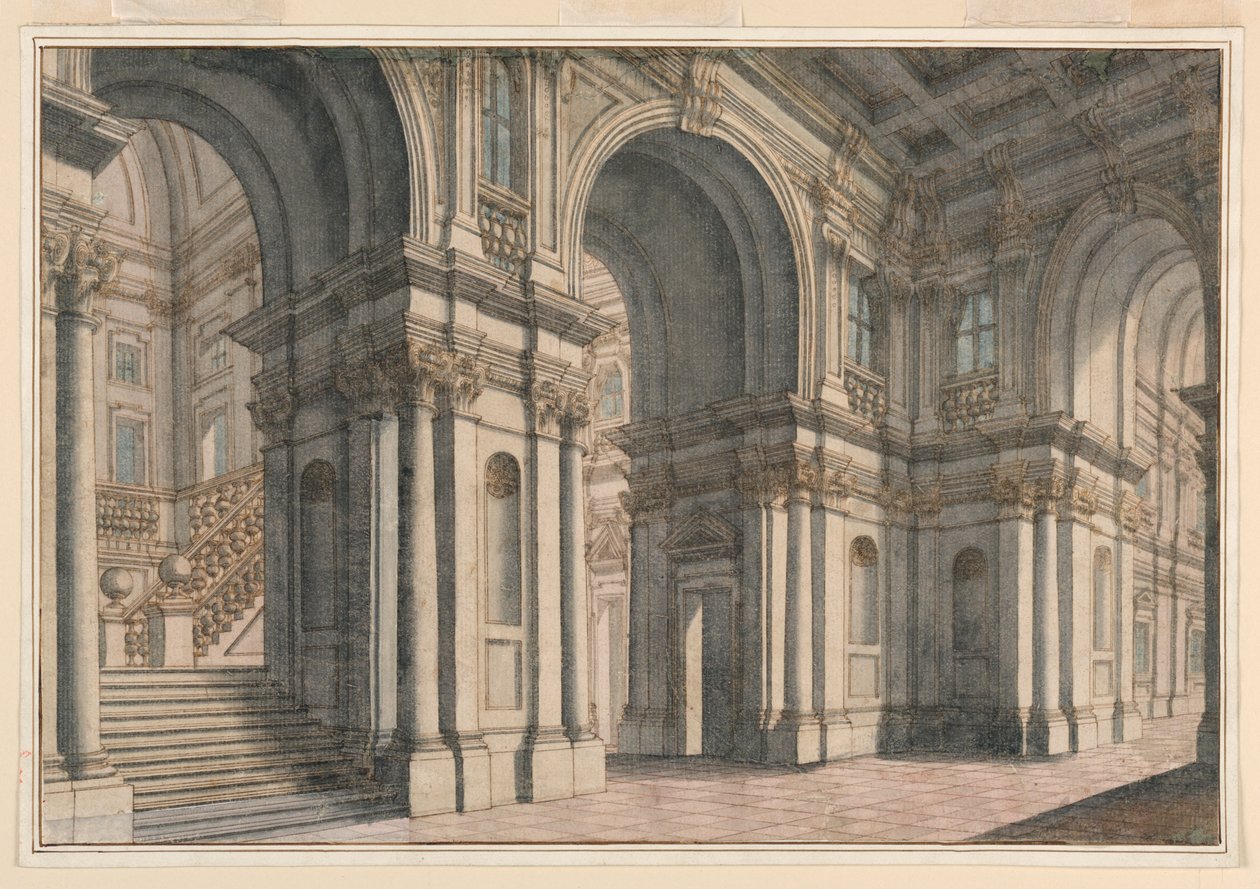 Dibujo, escenografía: Interior de palacio, 1700-1750 de Francesco Galli Bibiena